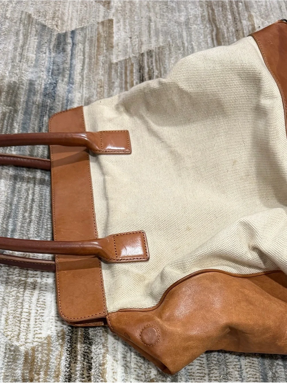 Tory Burch Cream Canvas and Tan Leather Tote